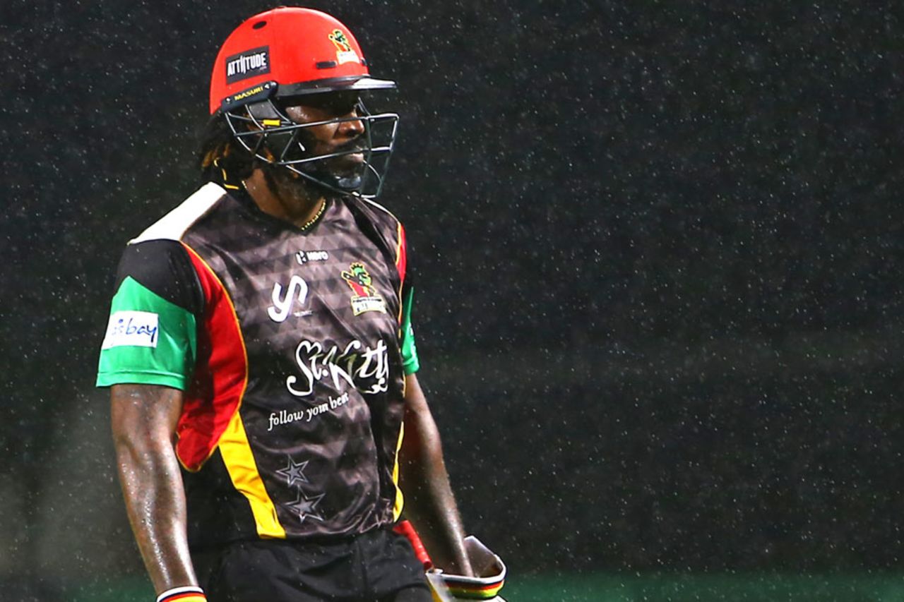 Chris Gayle walks off during a rain interruption, St Kitts and Nevis Patriots v Barbados Tridents, CPL 2017, Basseterre, August 18, 2017
