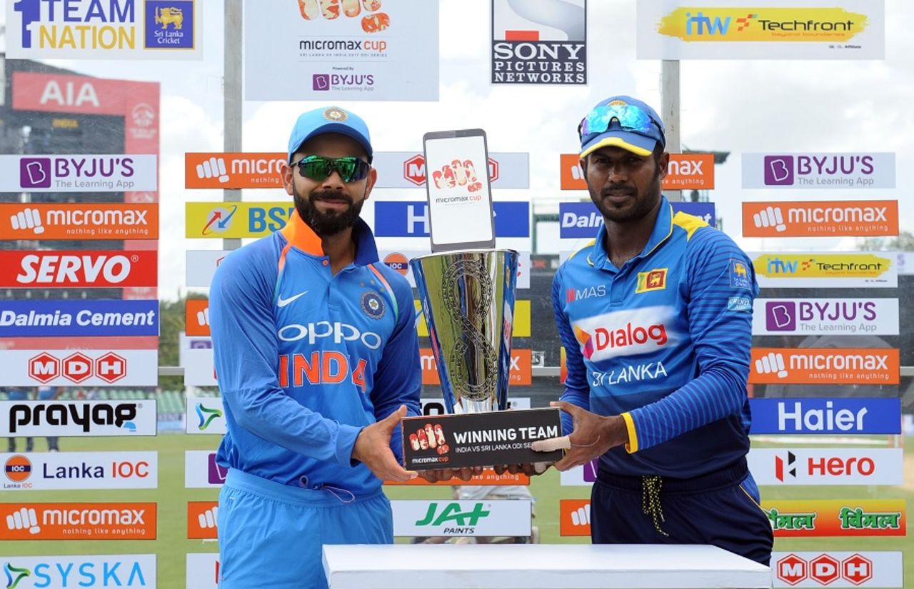 Virat Kohli and Upul Tharanga pose with the series trophy, Sri Lanka v India, 1st ODI, Dambulla, August 20, 2017