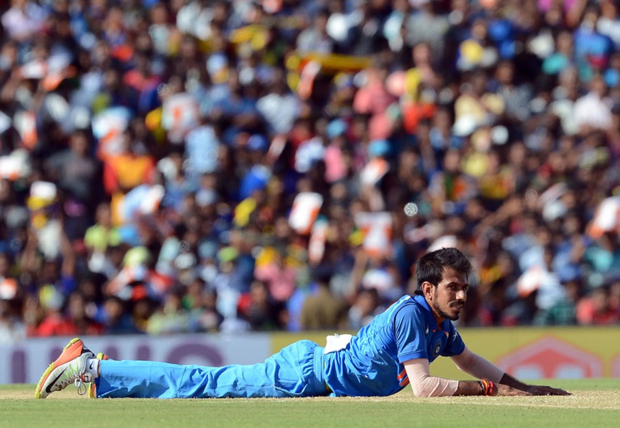 Yuzvendra Chahal watches after a ball sneaks past him in the field, Sri Lanka v India, 1st ODI, Dambulla, August 20, 2017
