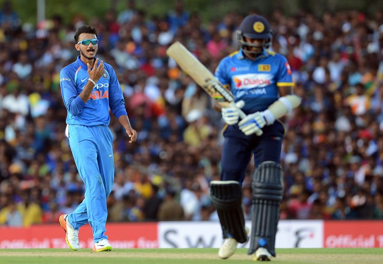 Axar Patel celebrates one of his three wickets, Sri Lanka v India, 1st ODI, Dambulla, August 20, 2017
