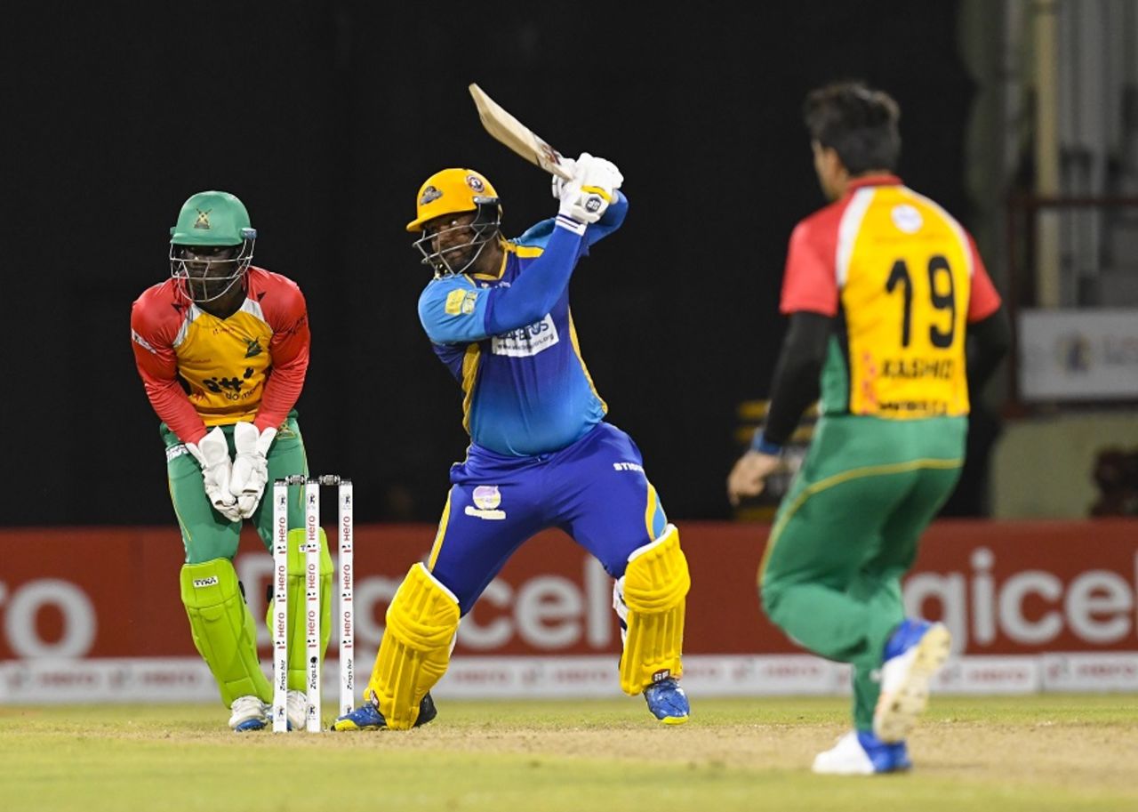 Dwayne Smith carves the ball away, Guyana Amazon Warriors v Barbados Tridents, CPL 2017, Providence, August 20, 2017