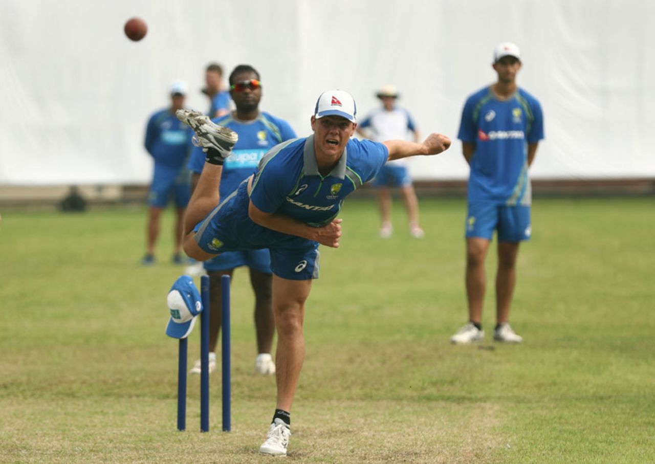 Mitchell Swepson completes his bowling action at training, Dhaka, August 20, 2017