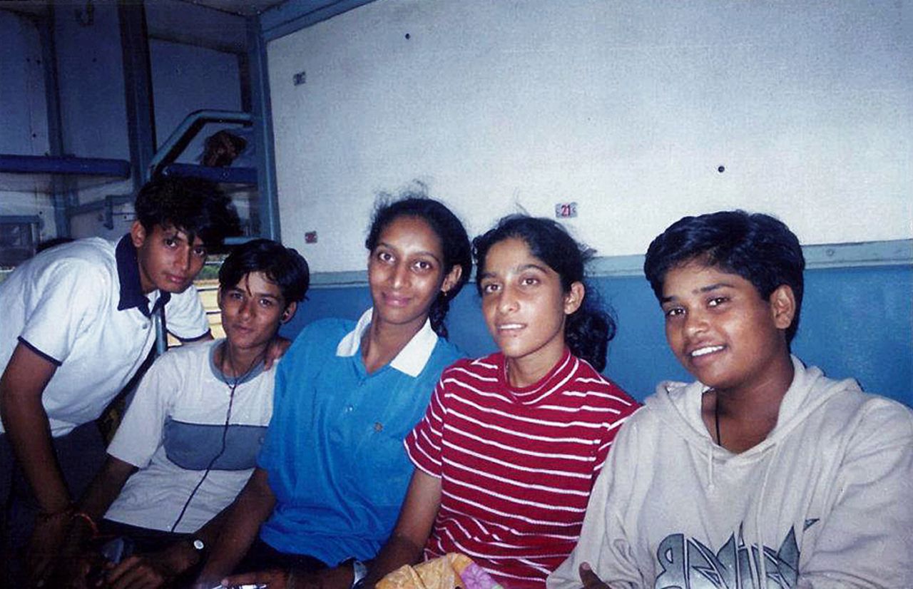 Snehal Pradhan and Gauri Gokhale (third and fourth from left) on a train journey with other junior cricketers