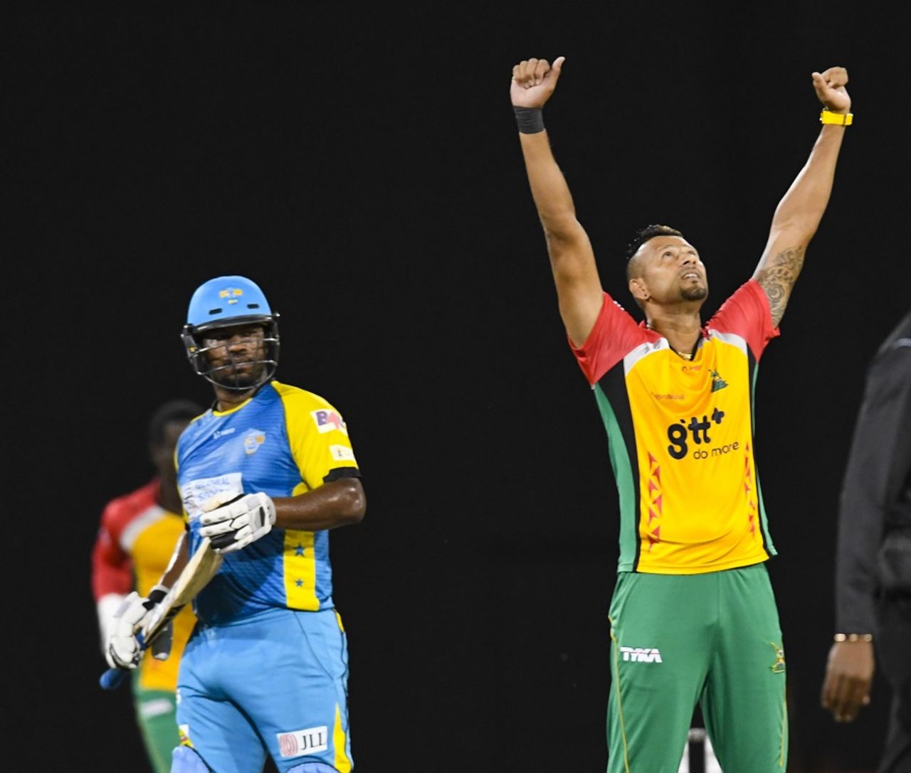 Rayad Emrit took 2 for 26, including the wicket of Darren Sammy, Guyana Amazon Warriors v St Lucia Stars, CPL 2017, Providence, August 22, 2017