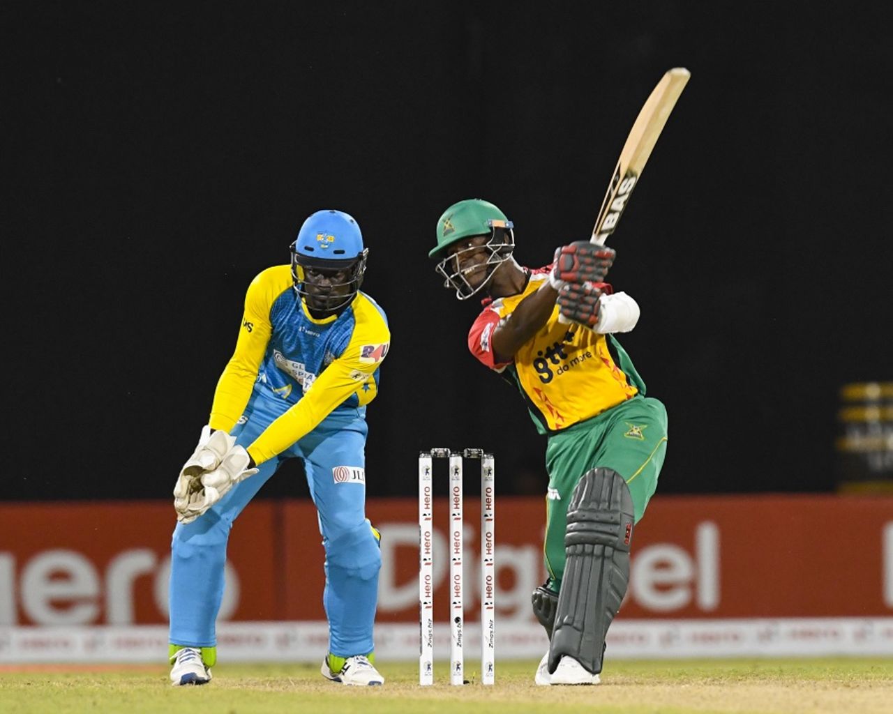 Jason Mohammed launches one over the off side, including the wicket of Darren Sammy, Guyana Amazon Warriors v St Lucia Stars, CPL 2017, Providence, August 22, 2017