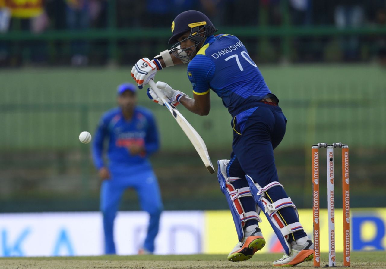 Danushka Gunathilaka drops one into the off side, Sri Lanka v India, 2nd ODI, Pallekele, August 24, 2017