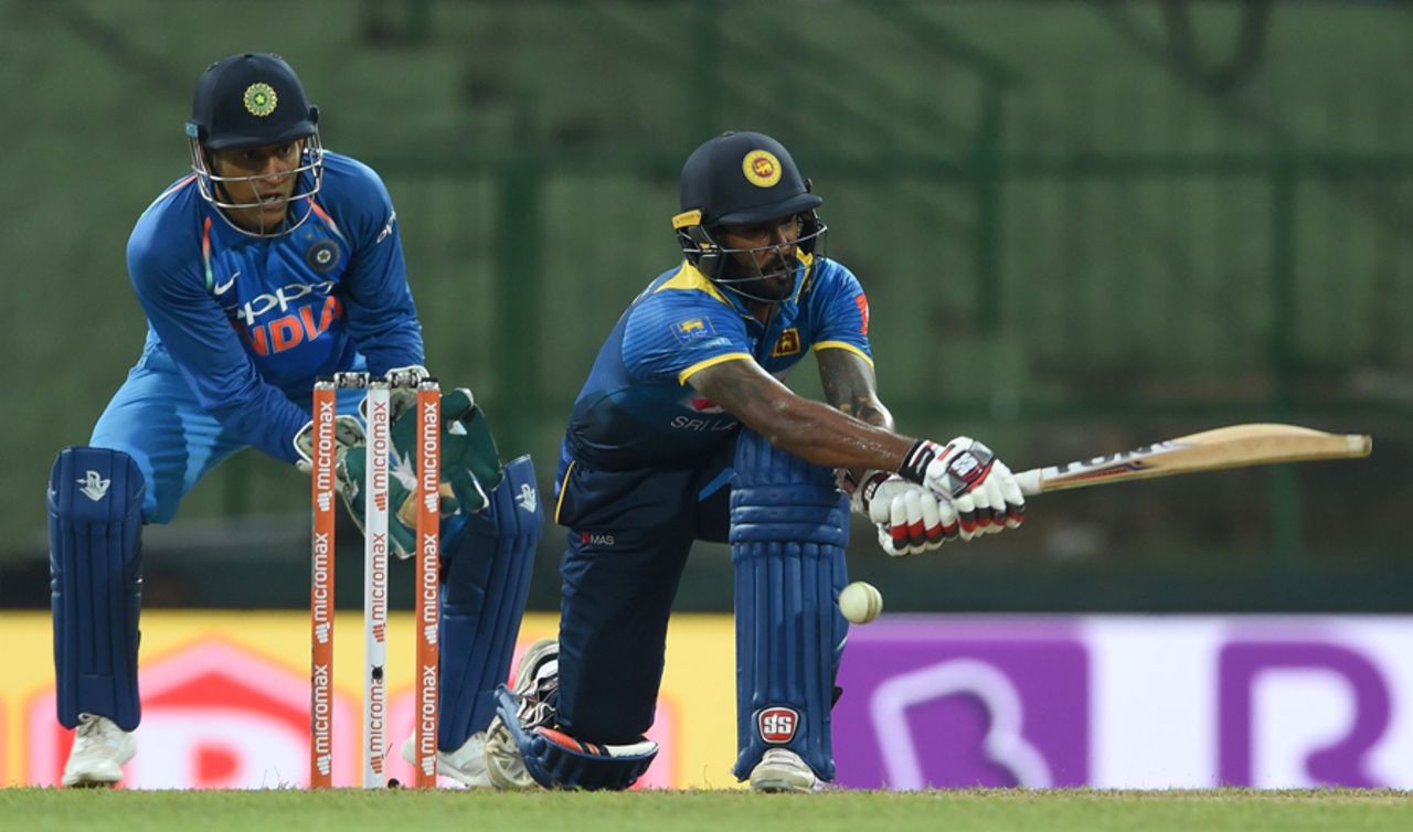 Chamara Kapugedera looks to play a sweep, Sri Lanka v India, 2nd ODI, Pallekele, August 24, 2017