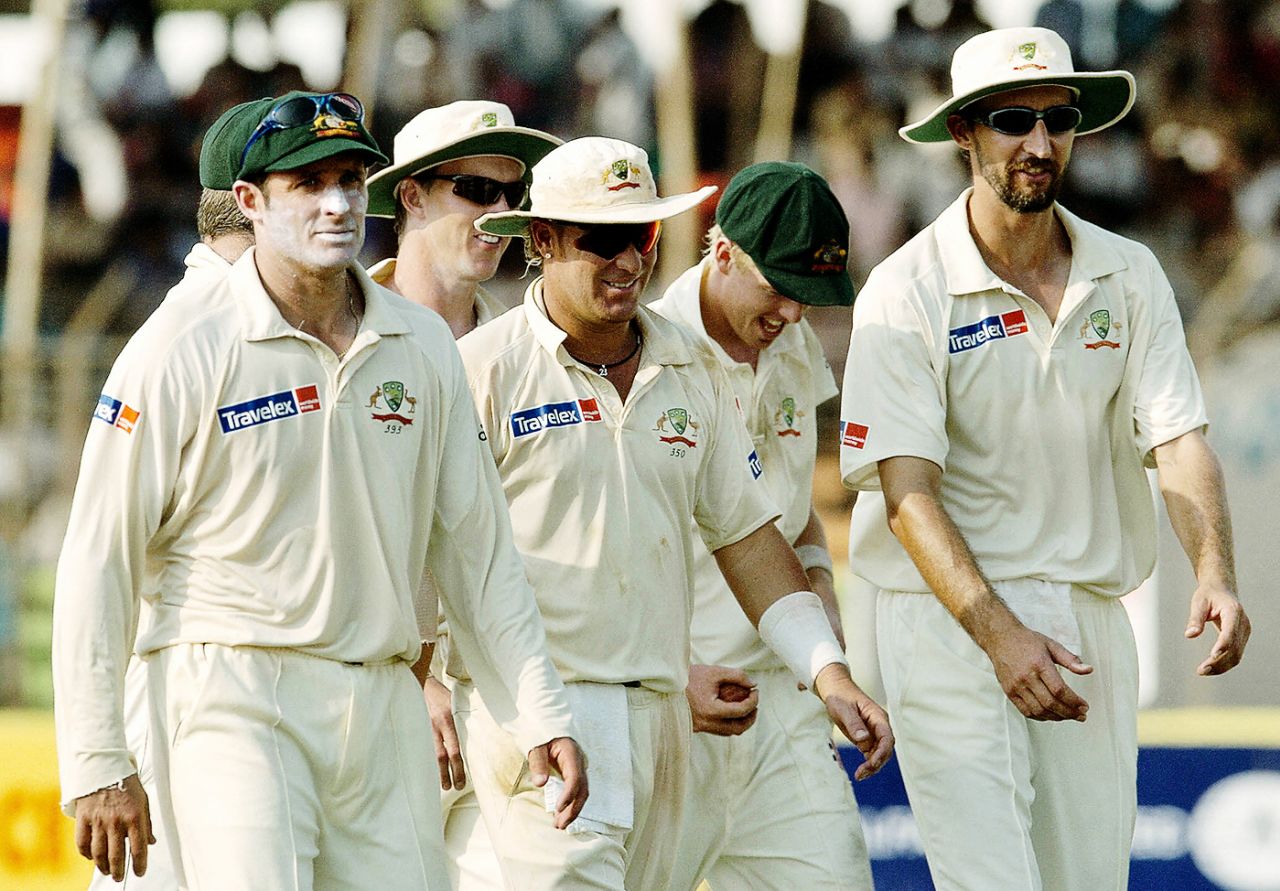 Michael Hussey, Shane Warne, Brett Lee, Dan Cullen and Jason Gillespie walk back from the field, Bangladesh v Australia, 2nd Test, Chittagong, 1st day, April 15, 2006