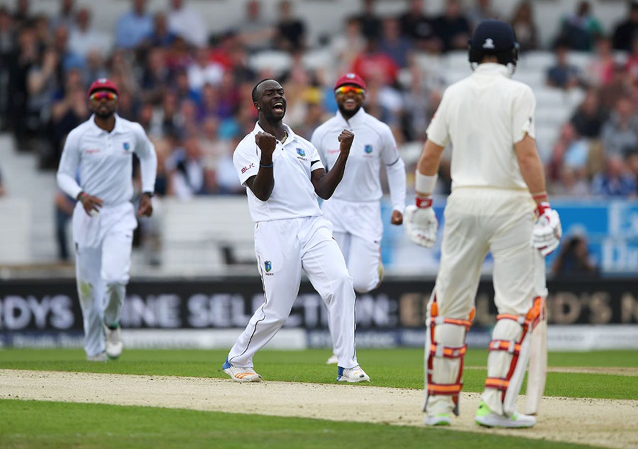 Kemar Roach celebrates after removing Mark Stoneman, England v West Indies, 2nd Investec Test, Headingley, 1st day, August 25, 2017