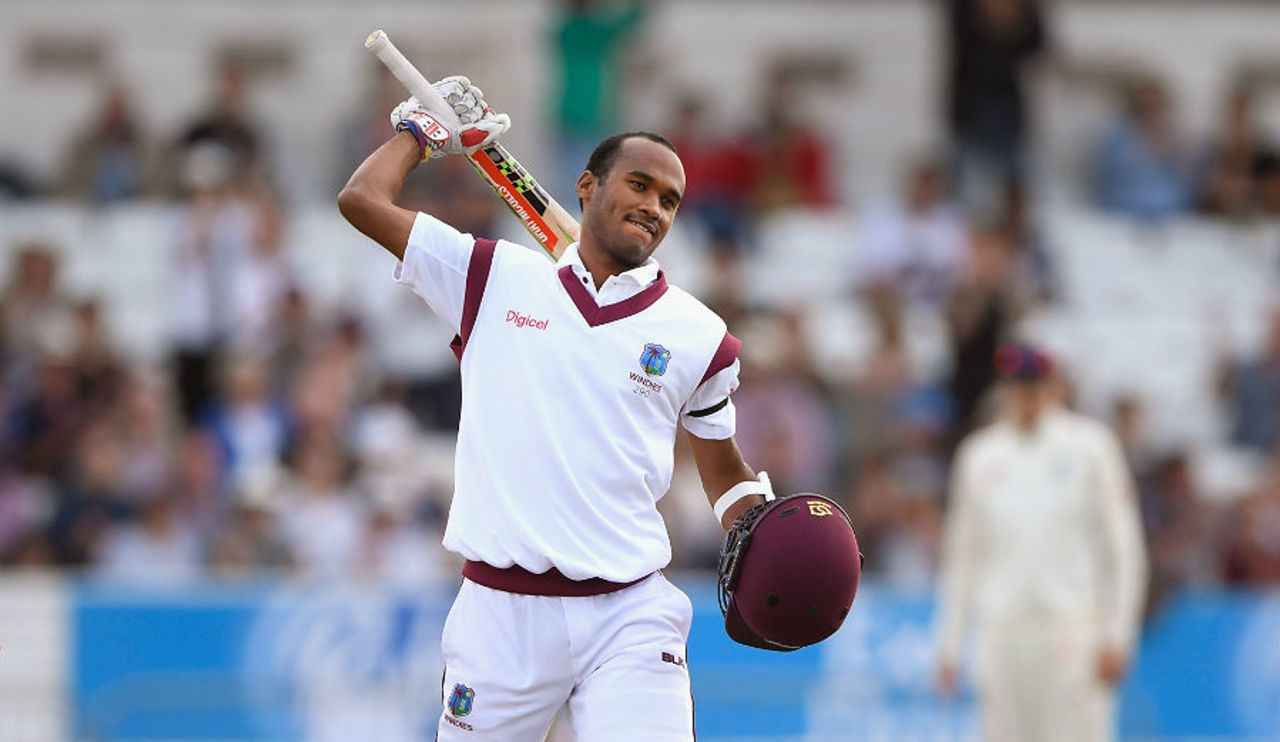 Kraigg Brathwaite celebrates a brilliant Test century, England v West Indies, 2nd Investec Test, Headingley, 2nd day, August 26, 2017