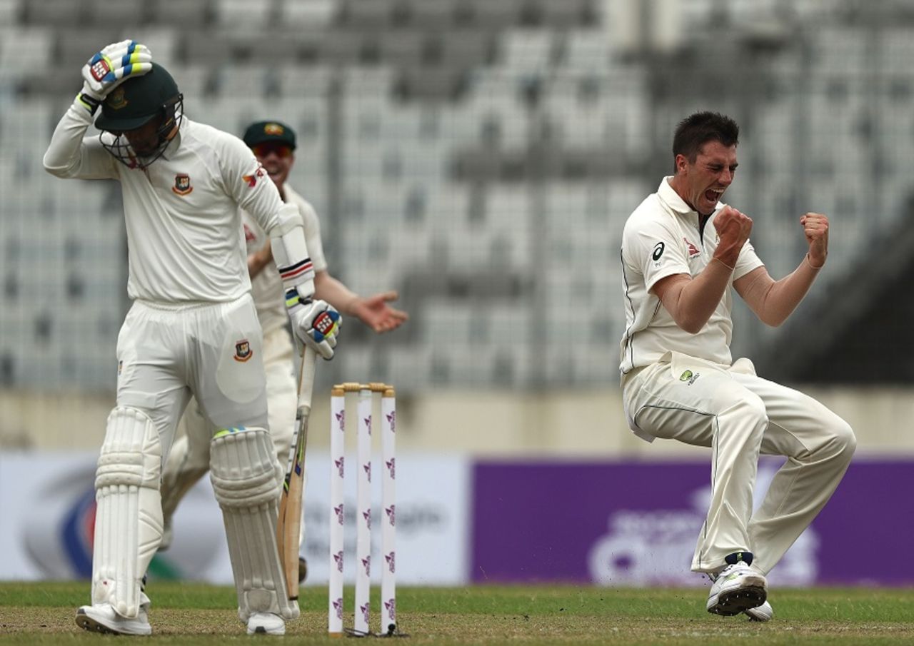 Pat Cummins celebrates one of his early wickets, Bangladesh v Australia, 1st Test, Mirpur, 1st day, August 27, 2017