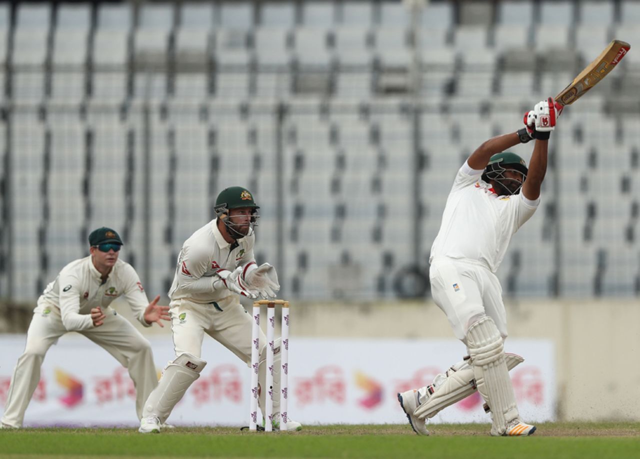 Tamim Iqbal uses his full reach to launch one over the off side, Bangladesh v Australia, 1st Test, Mirpur, 1st day, August 27, 2017