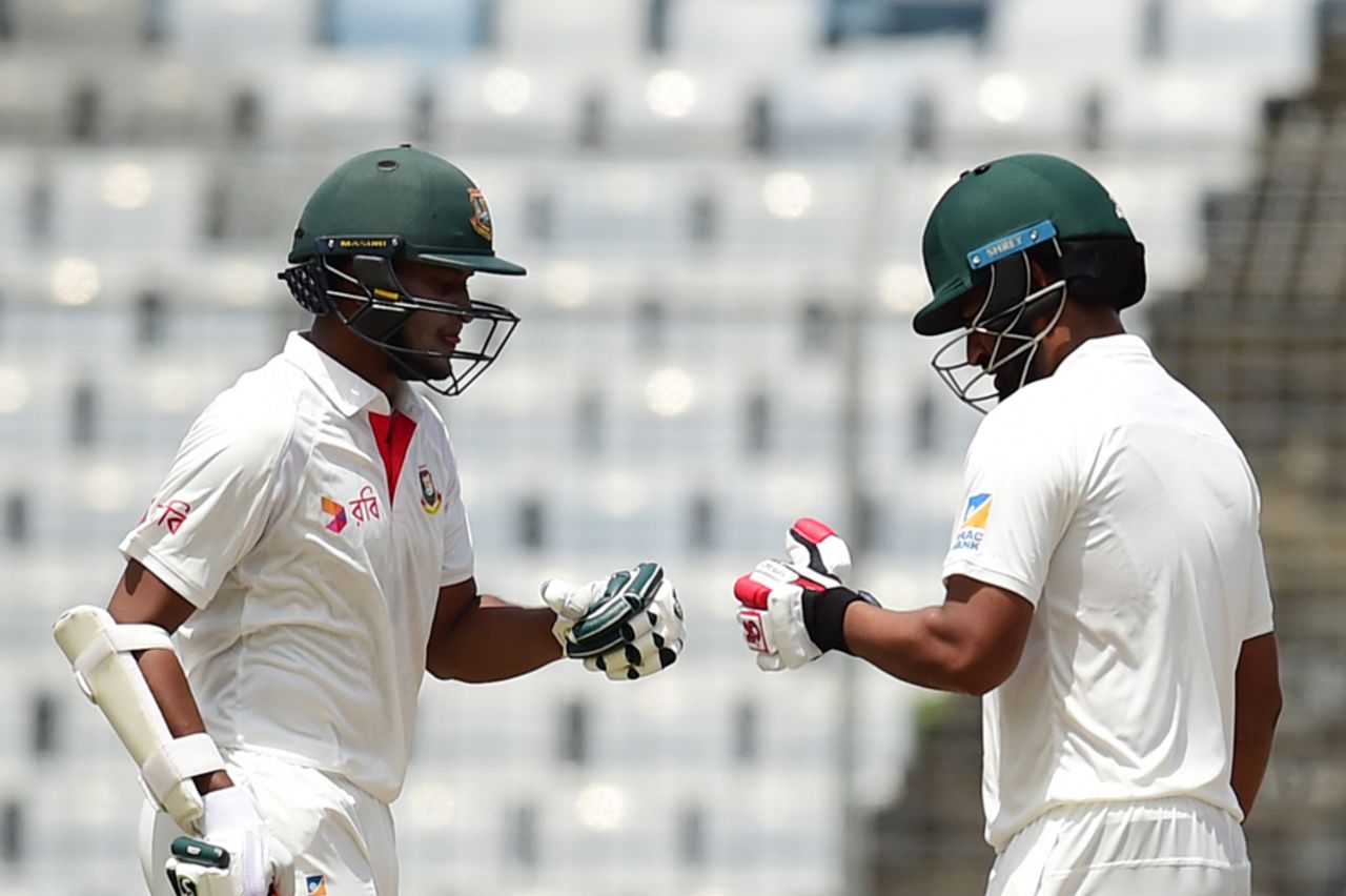 Shakib Al Hasan and Tamim Iqbal bump fists during their partnership, Bangladesh v Australia, 1st Test, Mirpur, 1st day, August 27, 2017