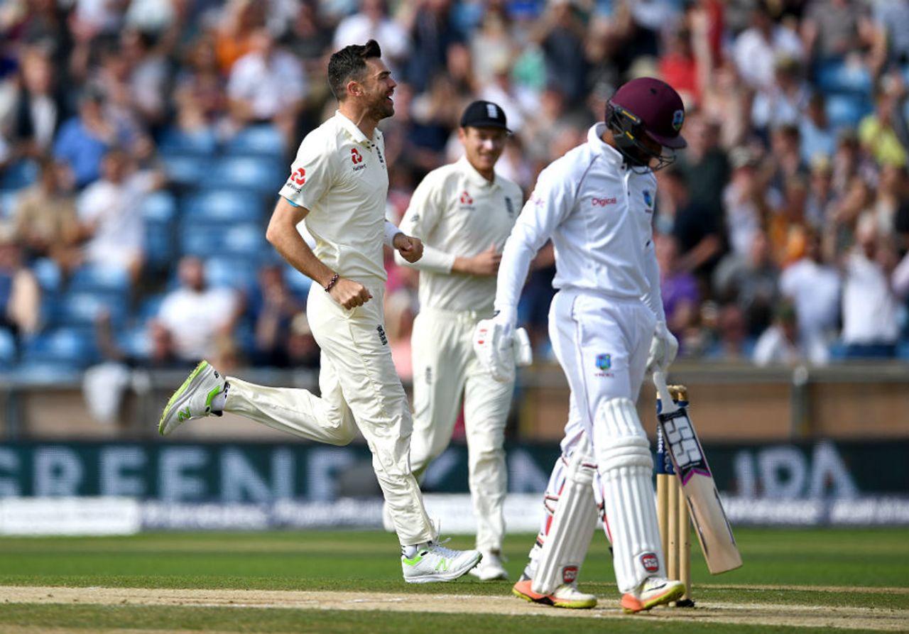James Anderson removed Shai Hope for 147 with the first ball of the third morning, England v West Indies, 2nd Investec Test, Headingley, 3rd day, August 27, 2017