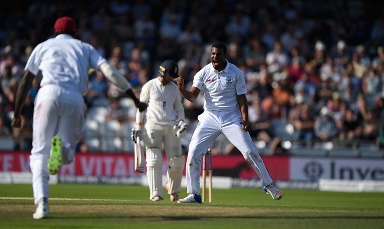 Shannon Gabriel was rewarded for a good spell, although it was tight for a no-ball, England v West Indies, 2nd Investec Test, Headingley, 3rd day, August 27, 2017