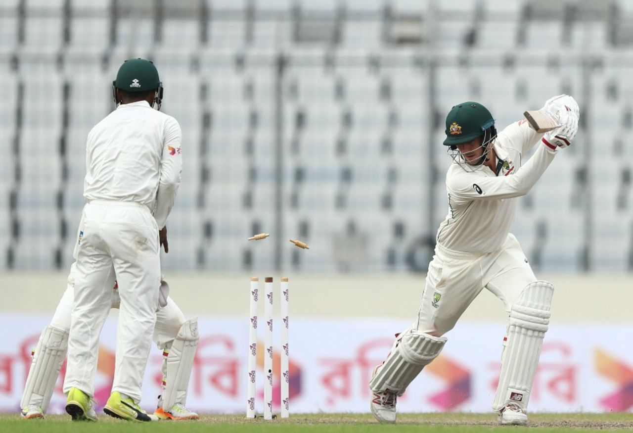 Pat Cummins was bowled for a patient 25, Bangladesh v Australia, 1st Test, Mirpur, 2nd day, August 28, 2017