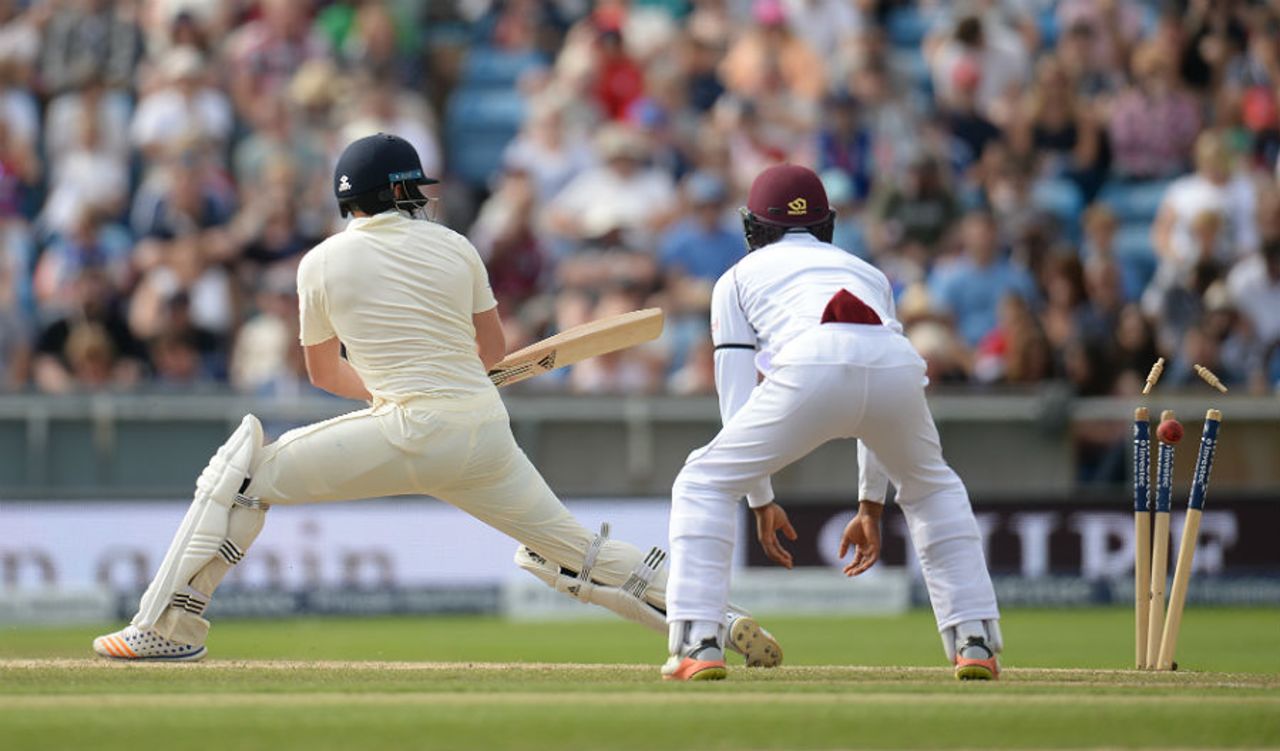 Jonny Bairstow attempted a reverse sweep and was bowled by Roston Chase, England v West Indies, 2nd Investec Test, Headingley, 4th day, August 28, 2017