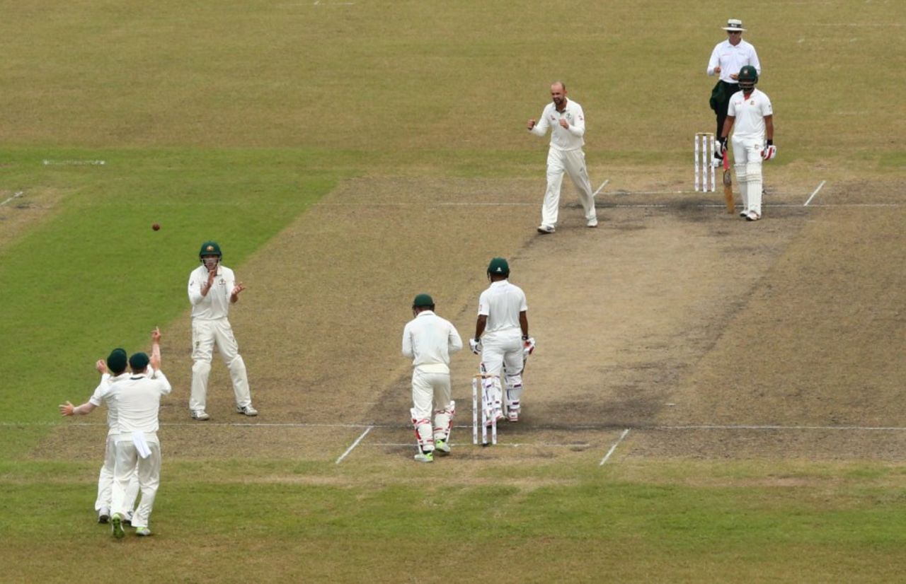 Nathan Lyon had Imraul Kayes caught at second slip, Bangladesh v Australia, 1st Test, Mirpur, 3rd day, August 29, 2017
