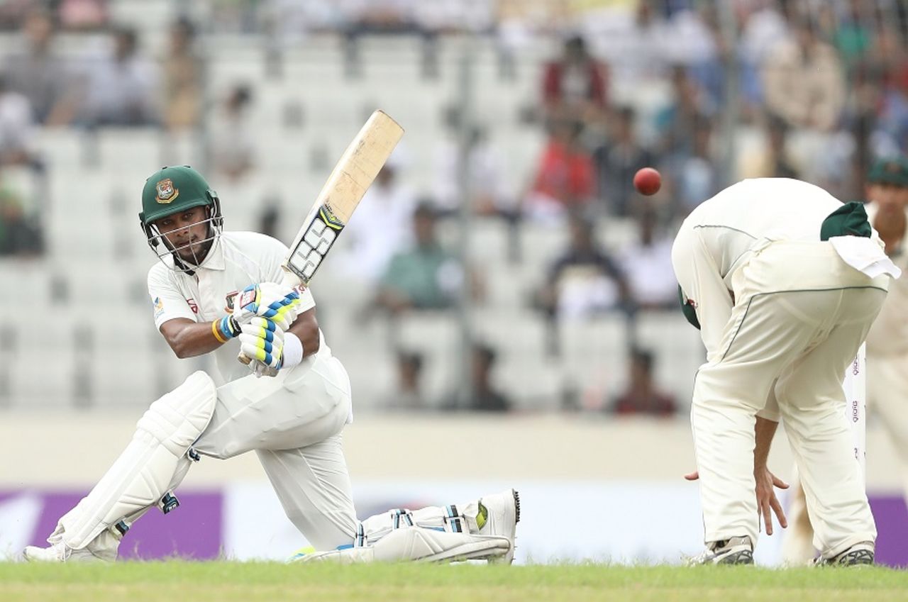 Sabbir Rahman sweeps over short leg, Bangladesh v Australia, 1st Test, Mirpur, 3rd day, August 29, 2017