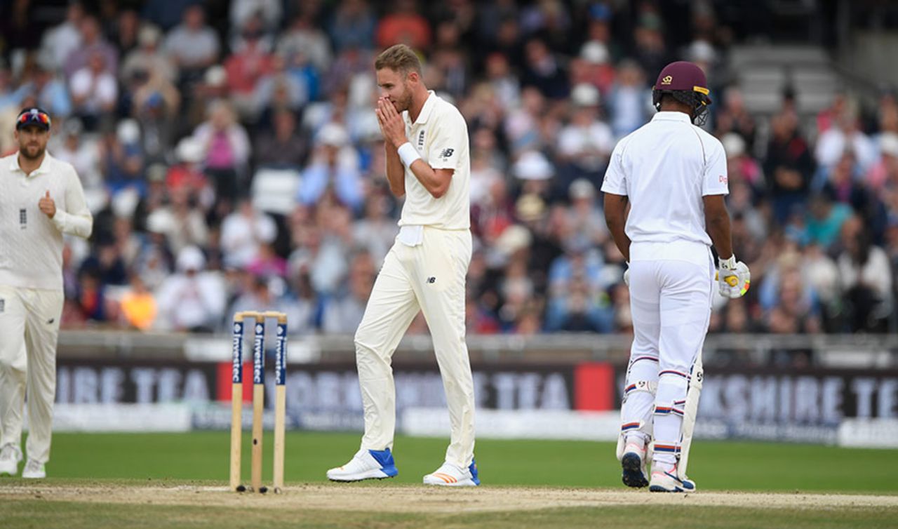 Stuart Broad was relieved to see Kieran Powell held in the slips, England v West Indies, 2nd Investec Test, Headingley, 5th day, August 29, 2017
