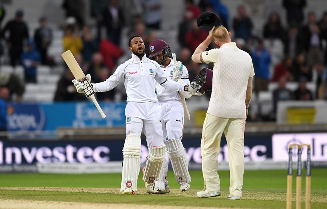 Shai Hope celebrates the winning runs, England v West Indies, 2nd Investec Test, Headingley, 5th day, August 29, 2017
