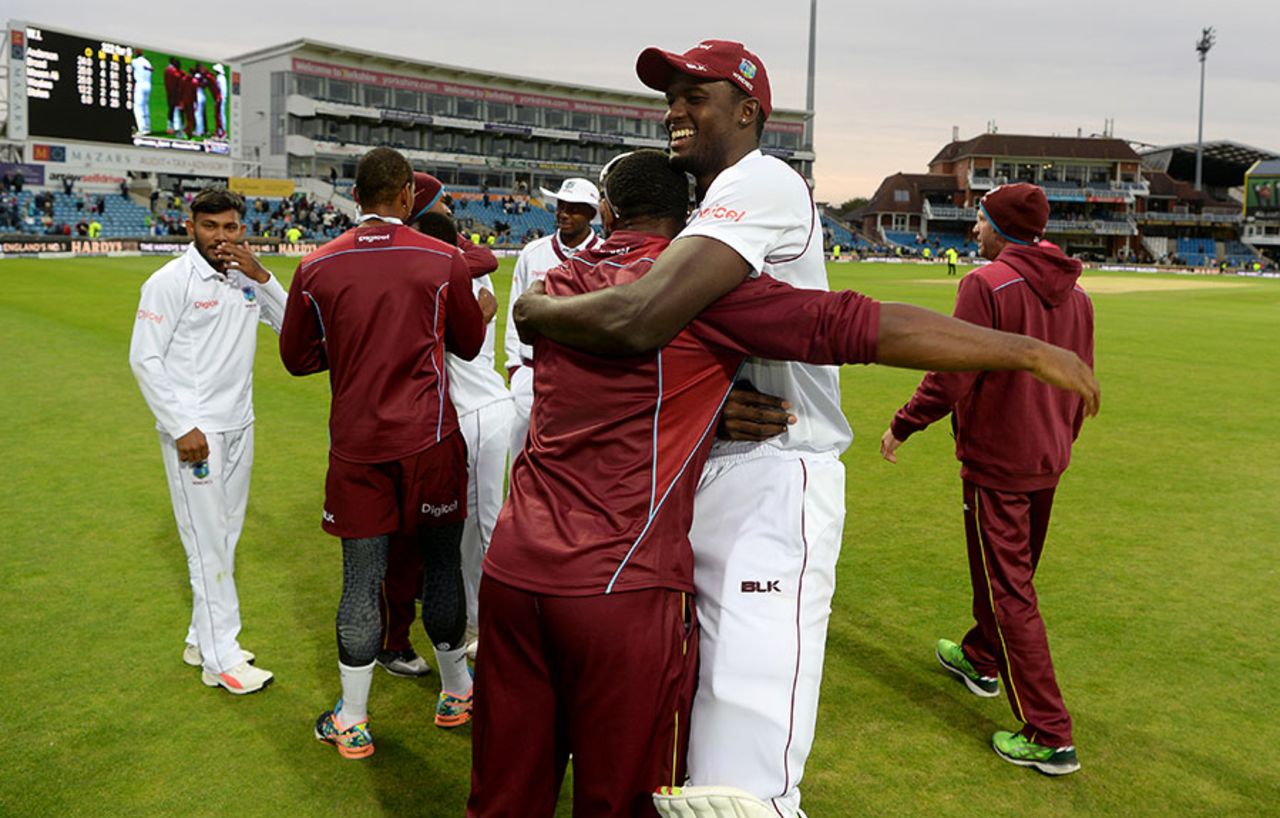 Jason Holder embraces his team-mates after the win, England v West Indies, 2nd Investec Test, Headingley, 5th day, August 29, 2017