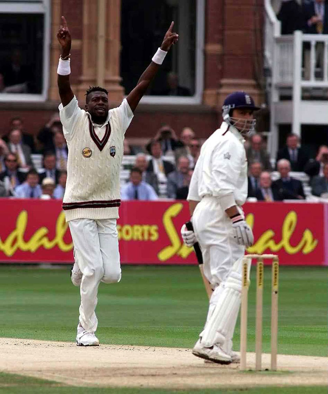 Curtly Ambrose dismisses Mark Ramprakash for a duck, England v West Indies, Lord's, 2nd Test, 2000