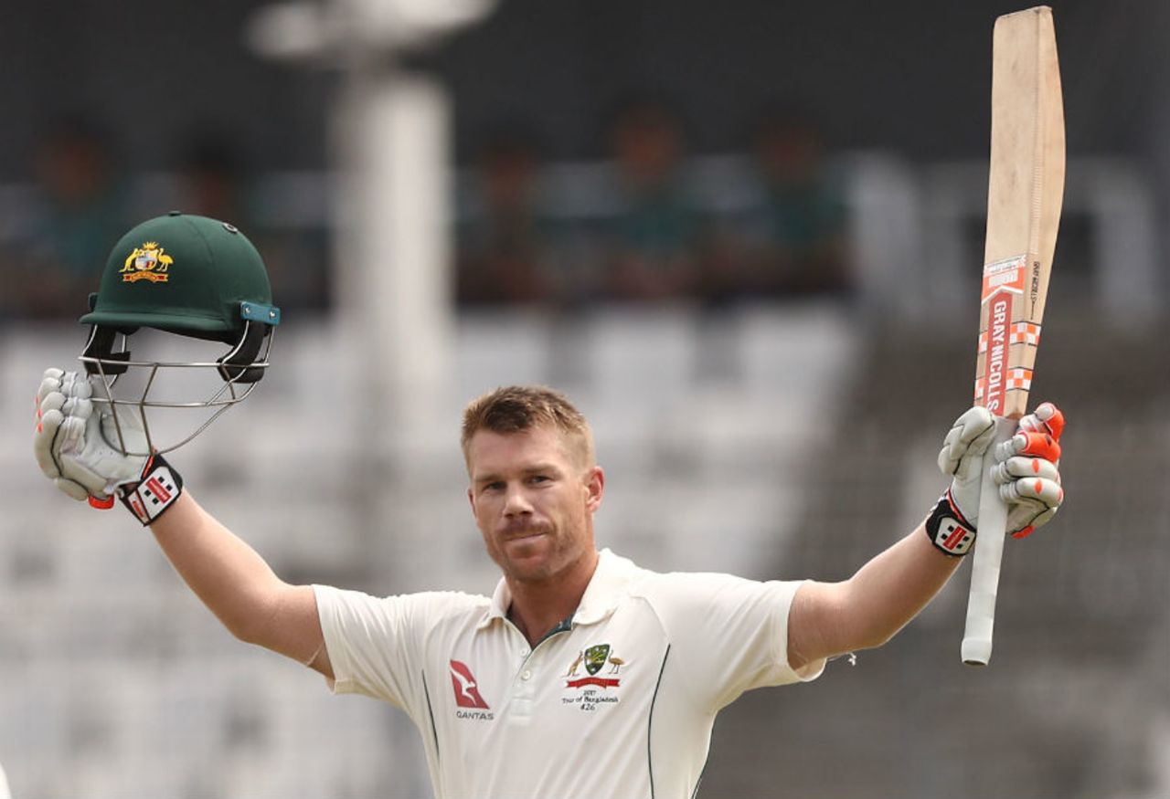 David Warner celebrated his second century in Asia with his trademark leap, Bangladesh v Australia, 1st Test, Mirpur, 4th day, August 30, 2017
