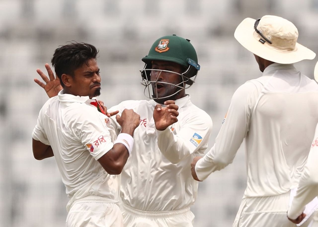 Taijul Islam is pumped after taking a return catch, Bangladesh v Australia, 1st Test, Mirpur, 4th day, August 30, 2017