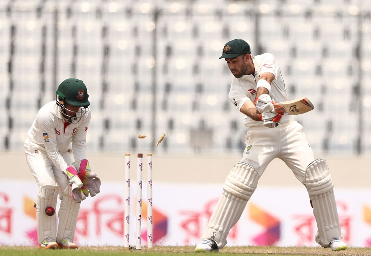 Glenn Maxwell was bowled first ball after lunch, Bangladesh v Australia, 1st Test, Mirpur, 4th day, August 30, 2017