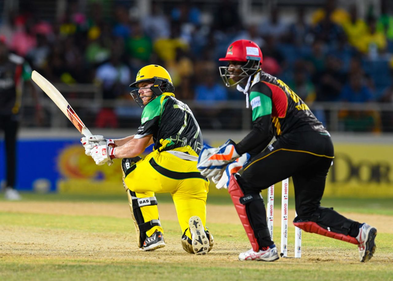 Glenn Phillips gets down for a sweep, Jamaica Tallawahs v St Kitts and Nevis Patriots, CPL 2017, Kingston, August 30, 2017