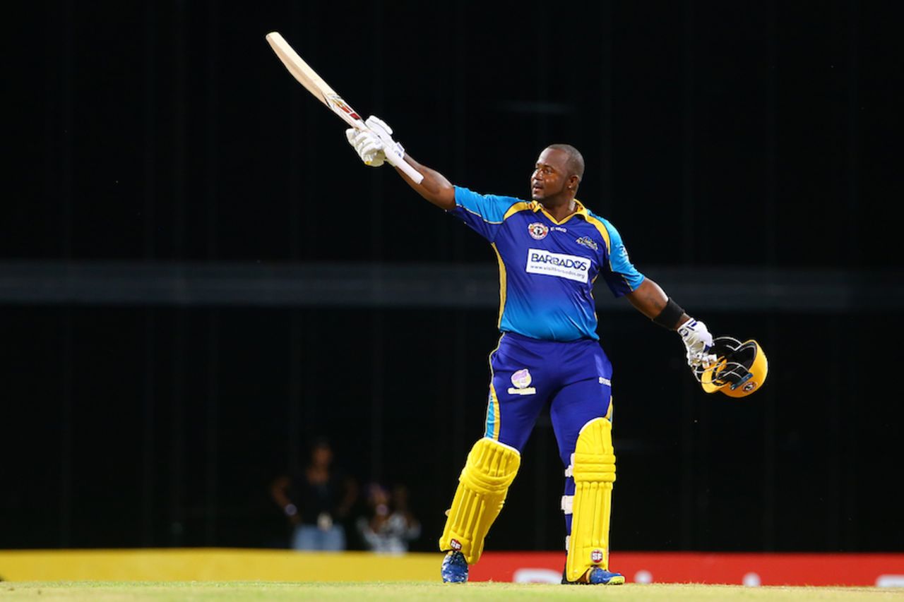 Dwayne Smith celebrates his second century of the tournament, Barbados Tridents v St Lucia Stars, CPL 2017, Bridgetown, August 31, 2017