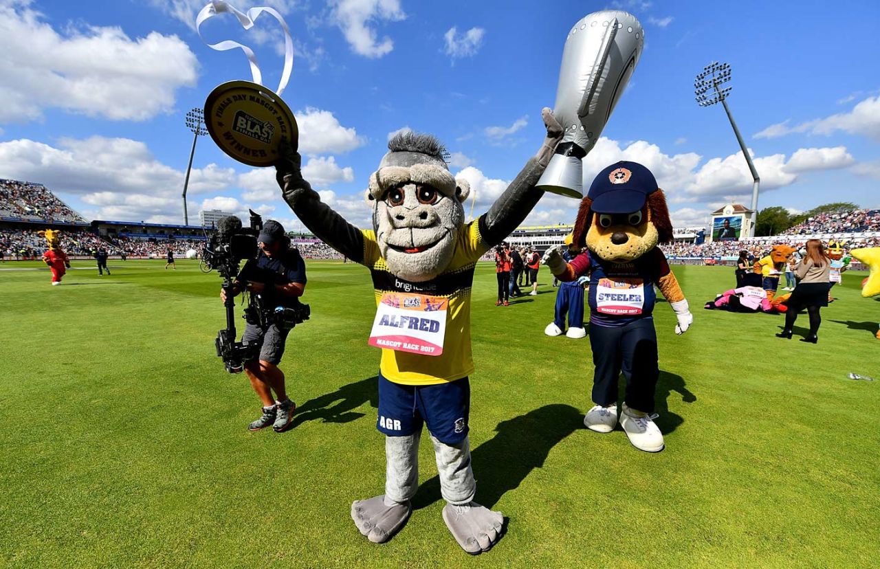 Alfred the Gorilla celebrates after winning the 2017 mascot race, Finals Day, NatWest T20 Blast, Edgbaston, September 2, 2017