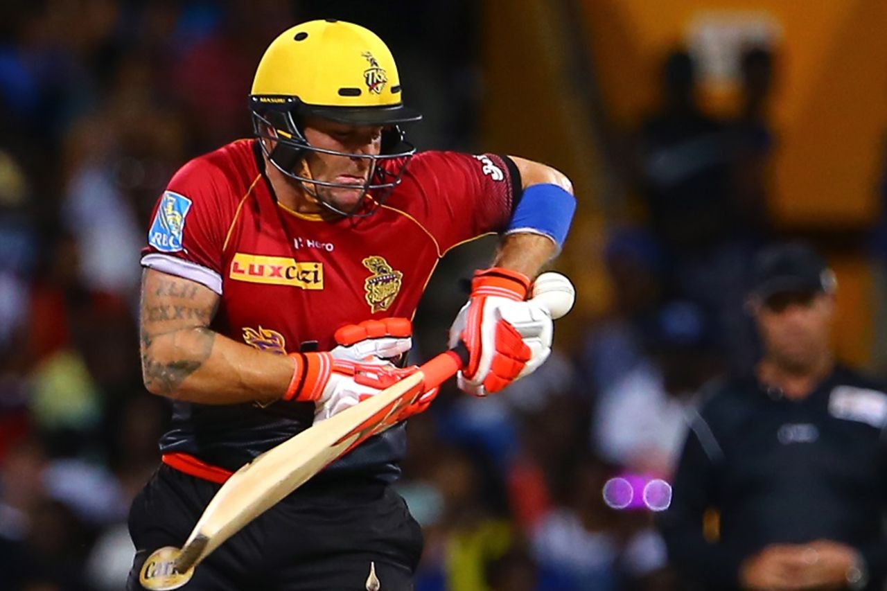 Brendon McCullum retired hurt after copping a painful blow on his arm, Barbados Tridents v Trinbago Knight Riders, CPL 2017, Bridgetown, September 2, 2017