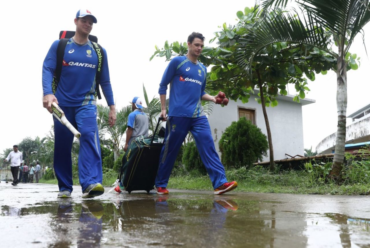 Steven Smith and Peter Handscomb walk back after an indoor nets session, Chittagong, September 3, 2017