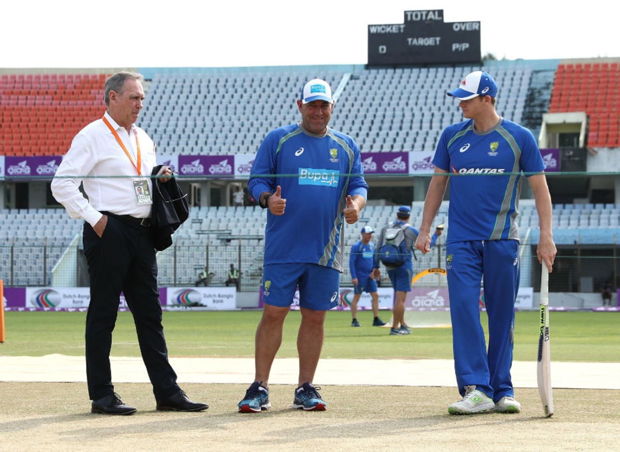 Chairman of selectors Trevor Hohns, Australian Head Coach Darren Lehmann and captain Steve Smith inspect the pitch, Bangladesh v Australia, 2nd Test, Chittagong, 1st day, September 4, 2017