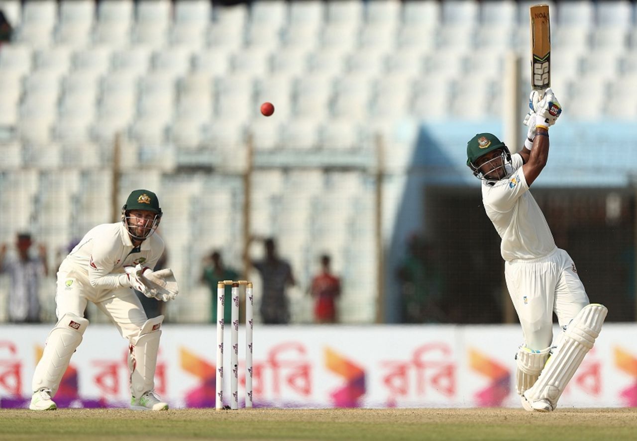 Sabbir Rahman launches a six, Bangladesh v Australia, 2nd Test, Chittagong, 1st day, September 4, 2017