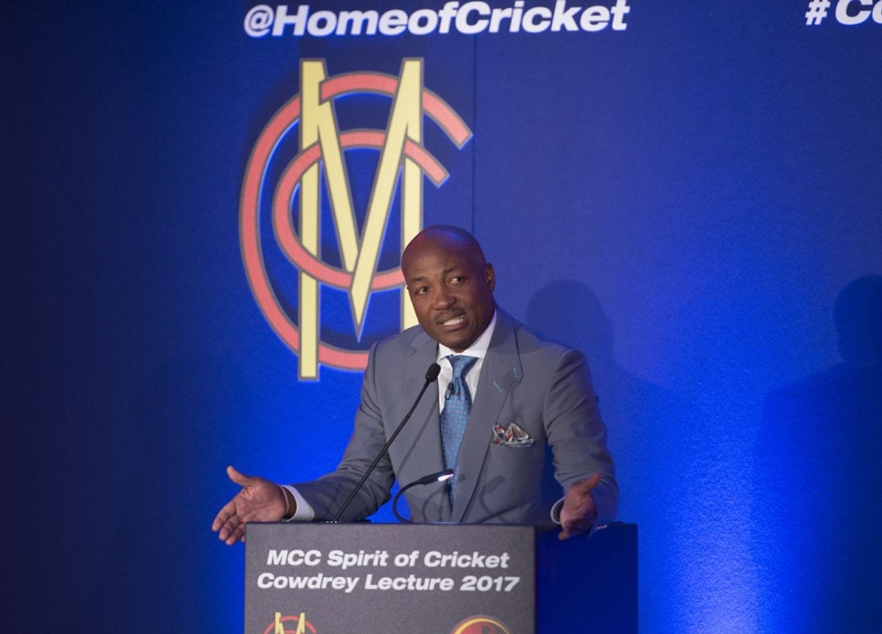 Brian Lara delivers the annual MCC Spirit of Cricket Cowdrey lecture at Lord's, London, September 4, 2017