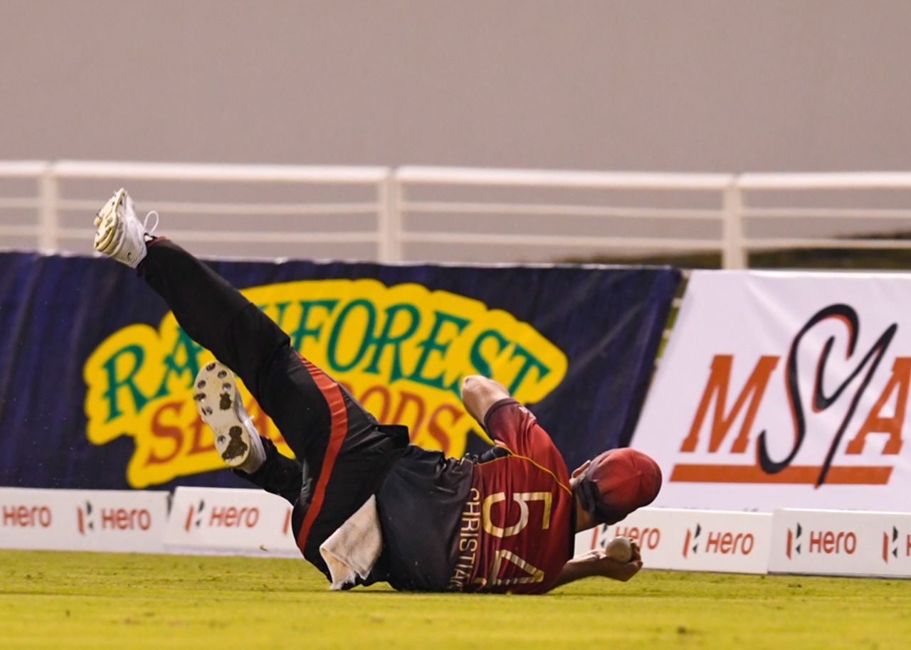 Dan Christian balances after taking a diving catch, St Kitts and Nevis Patriots v Trinbago Knight Riders, CPL 1st Qualifier, Trinidad, 5 September, 2017