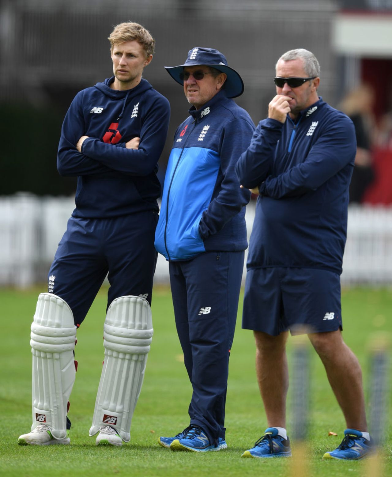 Joe Root, Trevor Bayliss and Paul Farbrace watch on during England nets, Lord's, September 6, 2017