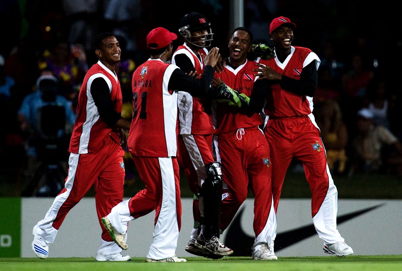 Samuel Badree celebrates a wicket with his team-mates, Stanford Superstars v Trinidad & Tobago, Antigua, October 25, 2008