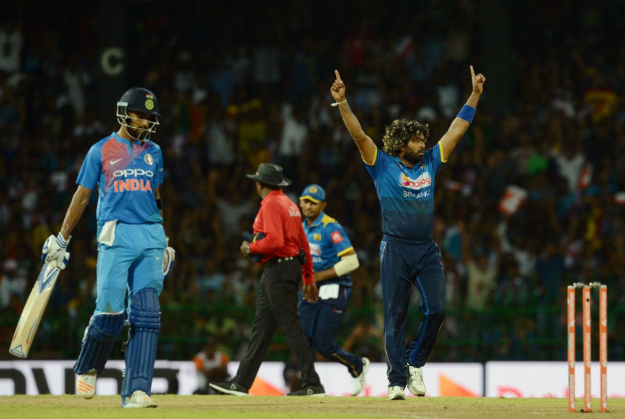 Lasith Malinga celebrates the wicket of his IPL team-mate Rohit Sharma, Sri Lanka v India, one-off T20I, Colombo, September 6, 2017