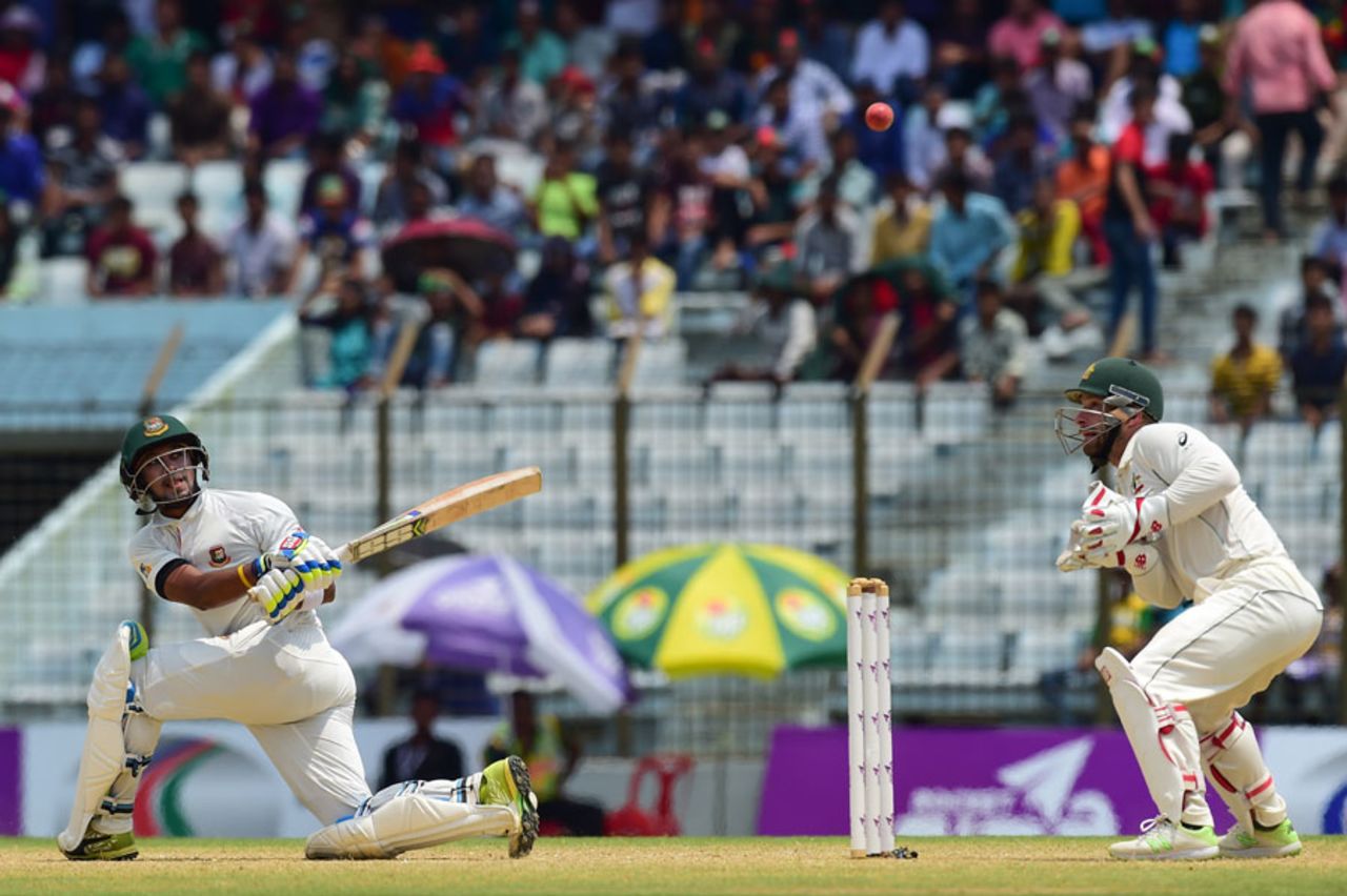 Sabbir Rahman plays a sweep, Bangladesh v Australia, 2nd Test, Chittagong, 4th day, September 7, 2017