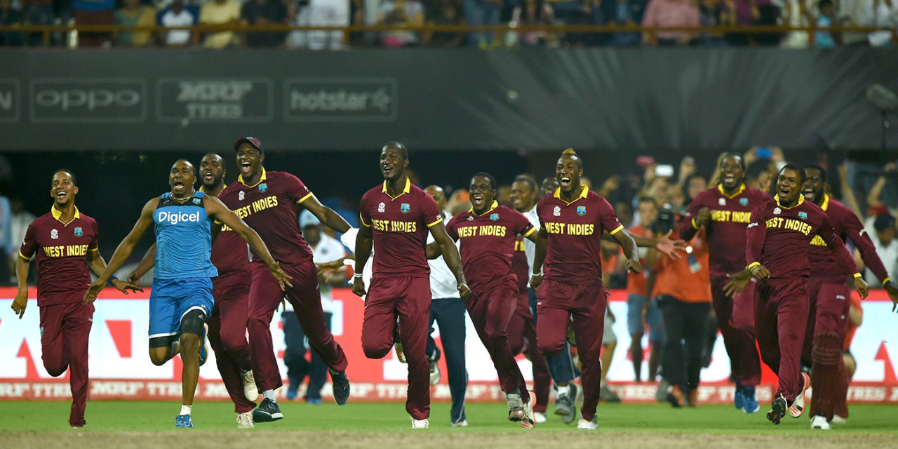 West Indies players run on to the field after Carlos Brathwaite sealed the win, England v West Indies, World T20, final, Kolkata, April 3, 2016 