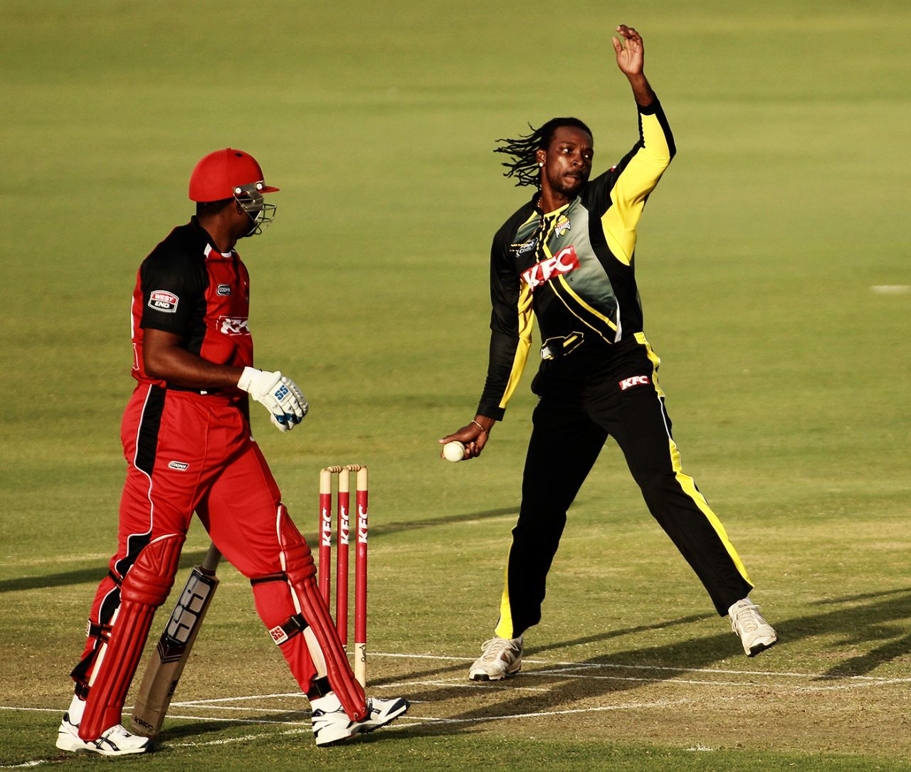 Non-striker Kieron Pollard watches Chris Gayle bowl, Western Australia v South Australia, Twenty20 Big Bash, Perth, January 13, 2011