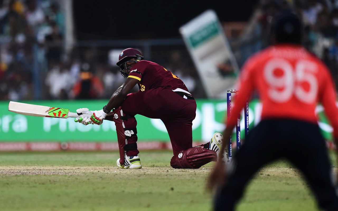 Carlos Brathwaite plays a shot, England v West Indies, World T20, final, Kolkata, April 3, 2016 