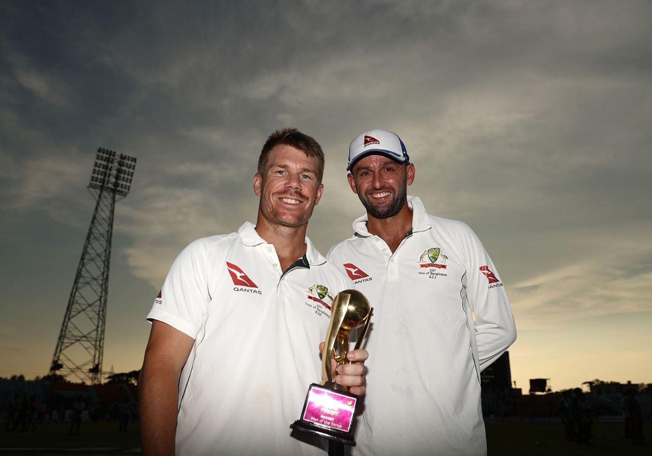 David Warner and Nathan Lyon were declared the Men of the Series, Bangladesh v Australia, 2nd Test, Chittagong, 4th day, September 7, 2017