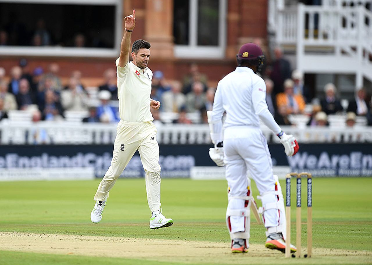 James Anderson added Kyle Hope for a duck to move to 499 Test wickets, England v West Indies, 3rd Investec Test, Lord's, 1st day, September 7, 2017
