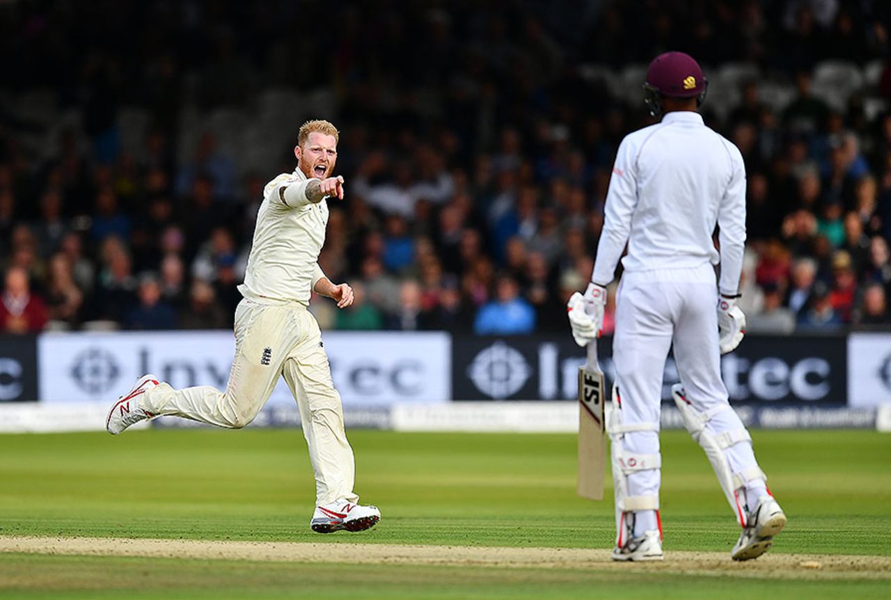 Ben Stokes celebrates a brilliant delivery to bowl Roston Chase , England v West Indies, 3rd Investec Test, Lord's, 1st day, September 7, 2017