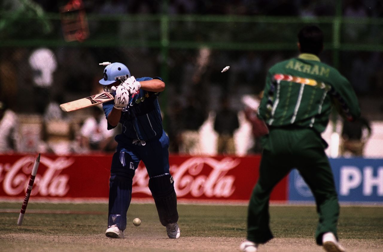 Darren Gough is bowled by Wasim Akram, Pakistan v England, Wills World Cup, Group B, Karachi, March 3, 1996